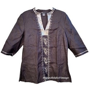 Grace Elements Black Goth V Neckline 3/4 Sleeve Sequin Embellished Linen‎ Tunic